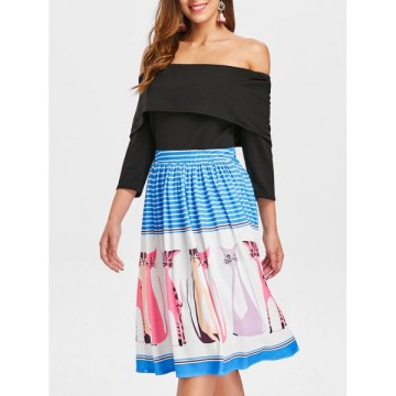 Off The houlder Ruffled Printed Dress - Black