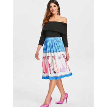 Off The houlder Ruffled Printed Dress - Black