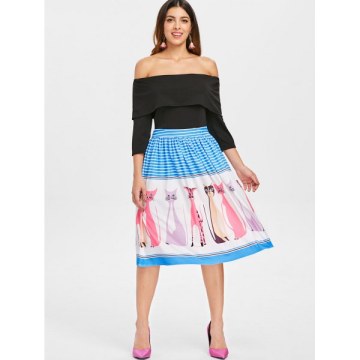 Off The houlder Ruffled Printed Dress - Black