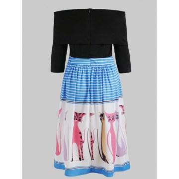 Off The houlder Ruffled Printed Dress - Black