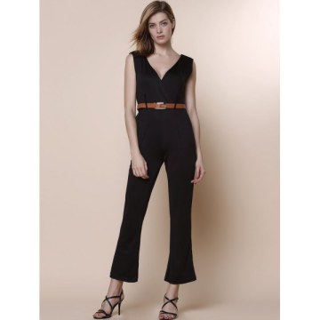 OL Style Women's V-Neck Sleeveless Solid Color Jumpsuit - Black