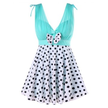 One-piece Polka Dot Plunging Neckline Swimwear - Macaw Blue Green