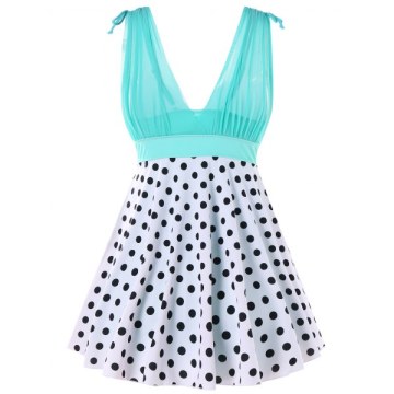One-piece Polka Dot Plunging Neckline Swimwear - Macaw Blue Green