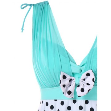 One-piece Polka Dot Plunging Neckline Swimwear - Macaw Blue Green