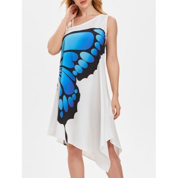 One Shoulder Asymmetrical Butterfly Print Dress - White