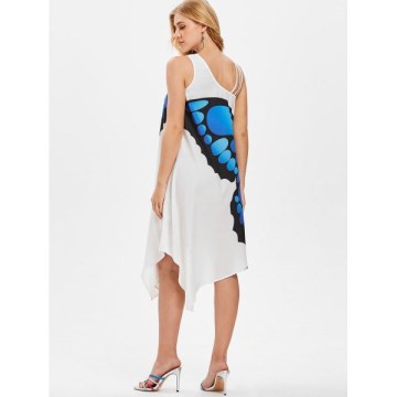 One Shoulder Asymmetrical Butterfly Print Dress - White