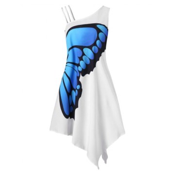 One Shoulder Asymmetrical Butterfly Print Dress - White