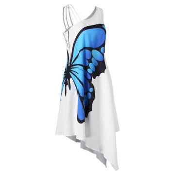 One Shoulder Asymmetrical Butterfly Print Dress - White