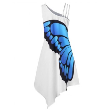 One Shoulder Asymmetrical Butterfly Print Dress - White