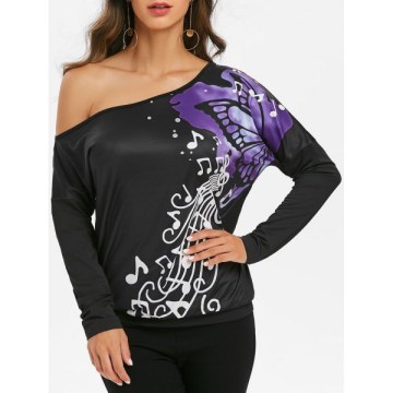 One Shoulder usic Butterfly Print Batwing Sleeve Tee - Black