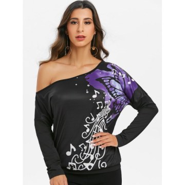 One Shoulder usic Butterfly Print Batwing Sleeve Tee - Black