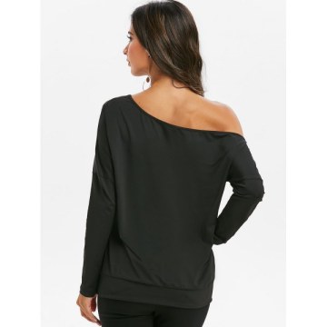 One Shoulder usic Butterfly Print Batwing Sleeve Tee - Black