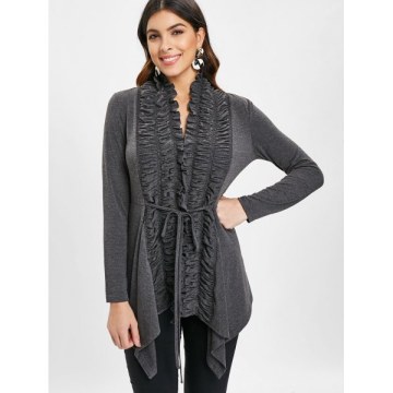 Open Front Ruffles Asymmetrical Cardigan - Gray