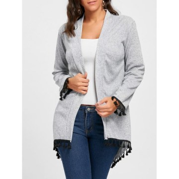 Open Front Tassels Tunic Cardigan - Light Grey