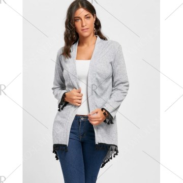 Open Front Tassels Tunic Cardigan - Light Grey