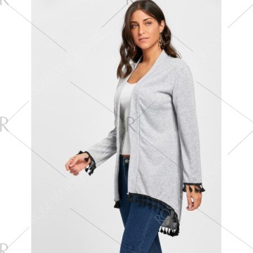 Open Front Tassels Tunic Cardigan - Light Grey