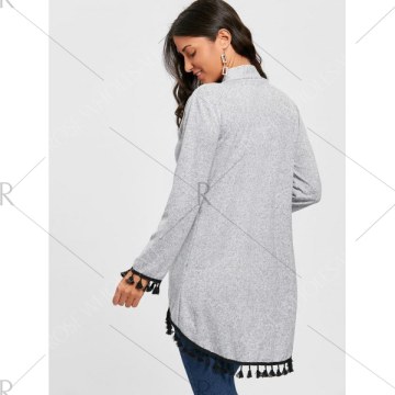 Open Front Tassels Tunic Cardigan - Light Grey