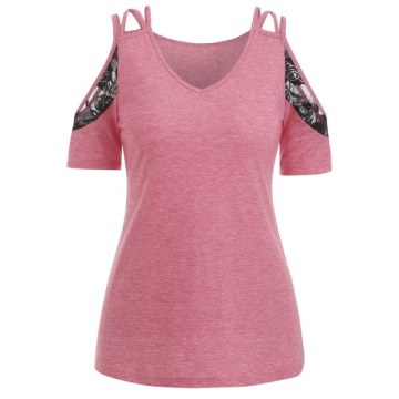 Open Shoulder Criss Cross ace Panel T Shirt - Flamingo Pink