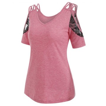 Open Shoulder Criss Cross ace Panel T Shirt - Flamingo Pink