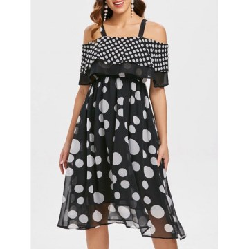 Open Shoulder Polka Dot Dress - Black