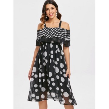 Open Shoulder Polka Dot Dress - Black