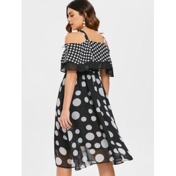 Open Shoulder Polka Dot Dress - Black
