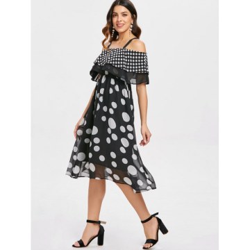 Open Shoulder Polka Dot Dress - Black
