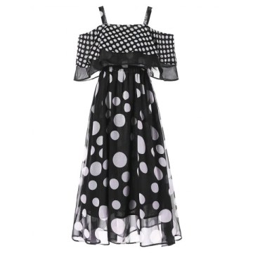 Open Shoulder Polka Dot Dress - Black
