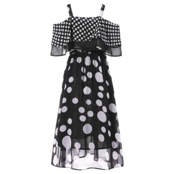 Open Shoulder Polka Dot Dress - Black
