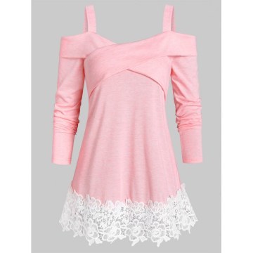 Open Shoulder Space Dye Applique T Shirt - Pink