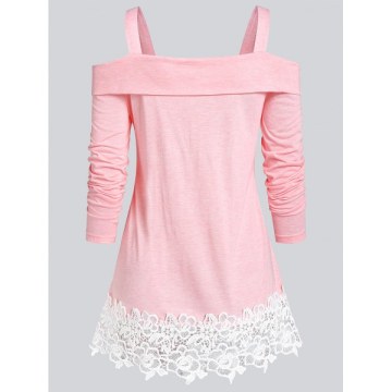 Open Shoulder Space Dye Applique T Shirt - Pink
