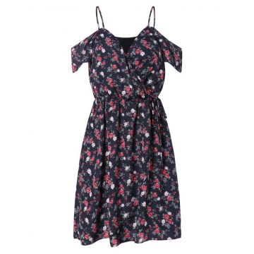 Open Shoulder Tiny Floral Print Dress - Black