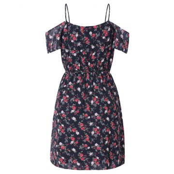 Open Shoulder Tiny Floral Print Dress - Black