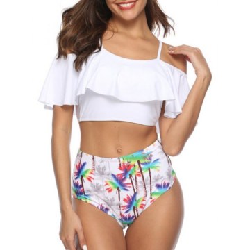 Palm Tree Print Padded Tankini Swimsuit - White