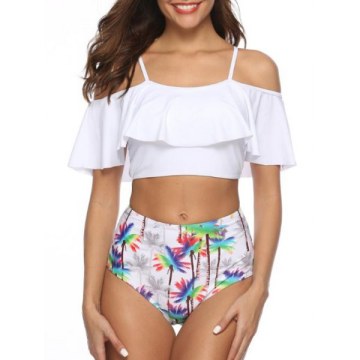 Palm Tree Print Padded Tankini Swimsuit - White