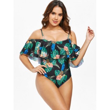 Pineapple Slip Ruffle Swimsuit - Black