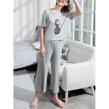 Pineapple T-shirt and Pants Sleepwear Set - Light Gray