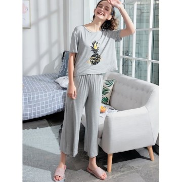 Pineapple T-shirt and Pants Sleepwear Set - Light Gray