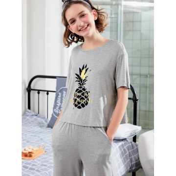 Pineapple T-shirt and Pants Sleepwear Set - Light Gray