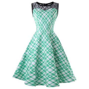 Plaid Lace Panel A Line Dress - Light Aquamarine