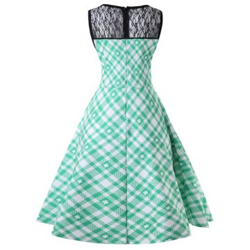 Plaid Lace Panel A Line Dress - Light Aquamarine