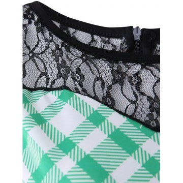 Plaid Lace Panel A Line Dress - Light Aquamarine