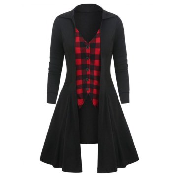 Plaid Panel Button V Neck T Shirt - Black