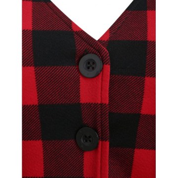 Plaid Panel Button V Neck T Shirt - Black
