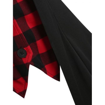 Plaid Panel Button V Neck T Shirt - Black