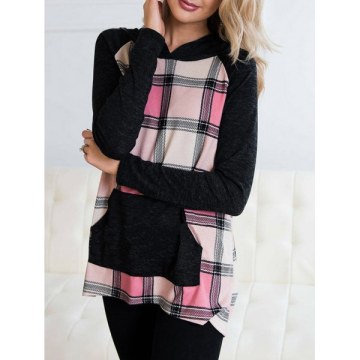 Plaid Raglan Sleeve Front Pocket Hoodie - Pink