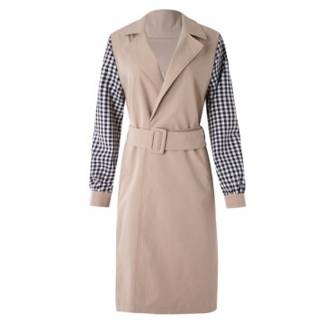 Plaid Sleeve Wrap Trench Coat - Light Khaki