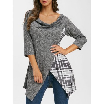 Plaid Space Dye Cowl Neck Overlap Tee - Battleship Gray