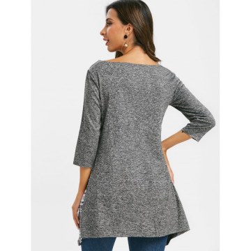 Plaid Space Dye Cowl Neck Overlap Tee - Battleship Gray