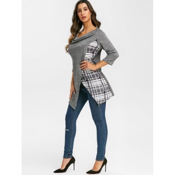 Plaid Space Dye Cowl Neck Overlap Tee - Battleship Gray